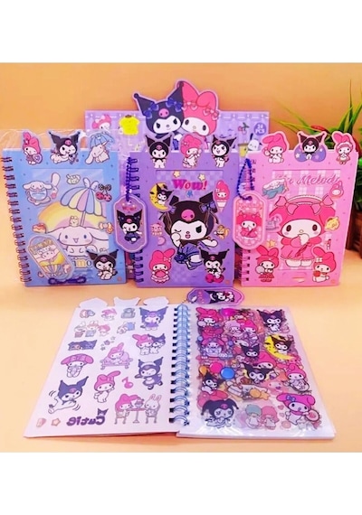 Kuromi My Melodi Cinnamoroll Sticker Defter 16 Sayfa Sticker 8 Sayfa Not Defteri Anahtarlık Hediyeli Çok Renkli