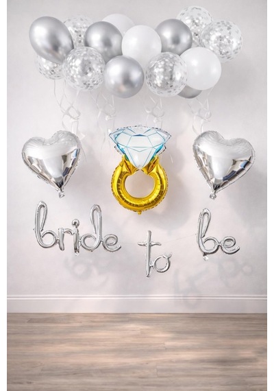 Bride To Be El Yazısı, Tek Taş Yüzük Ve Kalp Folyo Balonlu Gümüş Set Sku: Zeusb0c8jkvkx3