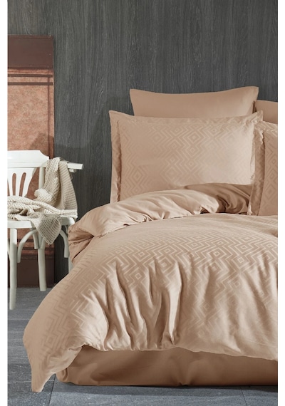 Jakarlı & Saten Çift Kişilik Nevresim Takımı-6 Parça & Geometrik Desen -200x220cm-metis Kapuçino Cappuccino