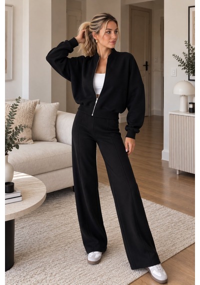 Lima Siyah Kadın Fermuarlı Dik Yaka Eşofman Takımı Oversize Sweatshirt Ve Bol Paça Pantolon İkili Takım