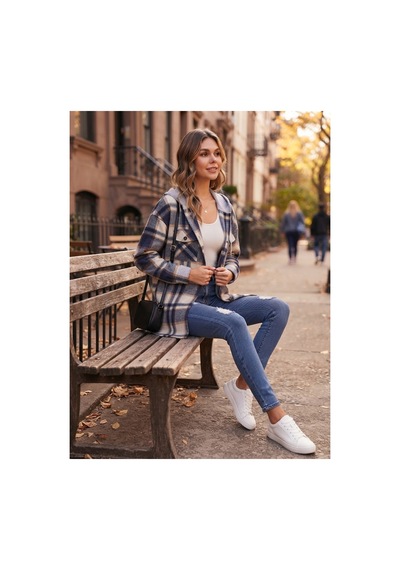 Polologin Butik Kapüşonlu Ekose Desenli Viskon Tunik Lacivert / Bej Lacivert