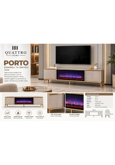 Porto Elektrikli Şömineli Tv Ünitesi 180 Cm Kumsal Bej Gold Metal Ayaklı Modern Tv Sehpası