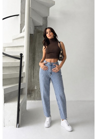 Kene Jeans Buz Kar Paça Kesik Taşlı Mom Denim Pantolon Buz Kar