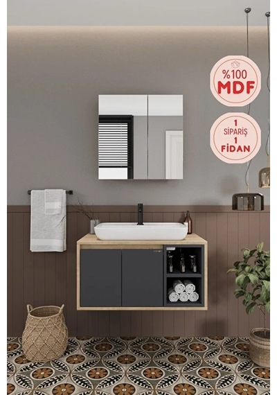 Lale 80 Cm %100 Mdf Lavabolu Banyo Dolabı + Aynalı Dolap Antrasit