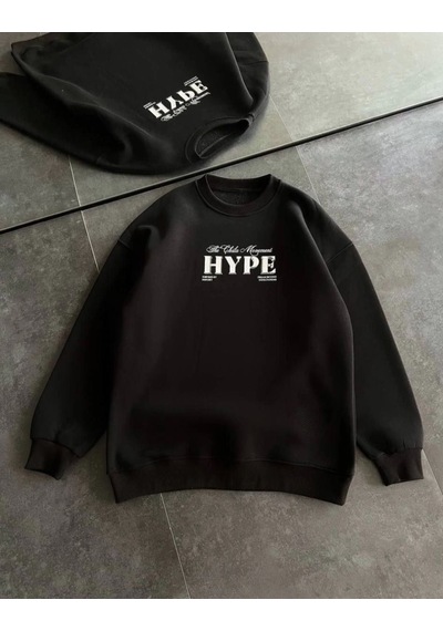 Mbb E-ticaret Kadın 3 İplik Pamuklu Bisiklet Yaka Baskılı Sweatshirt - Siyah