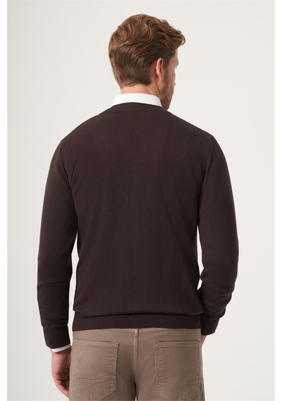 İmza Kahverengi V Yaka Uzun Kol Örme Comfort Fit Pamuklu Hırka Triko 1012265016
