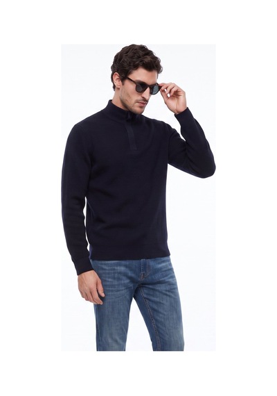 Fabrika Lacivert Erkek Bato Yaka Slim Fit Fitilli Triko Kazak F6wm-kzk 2025 Siyah