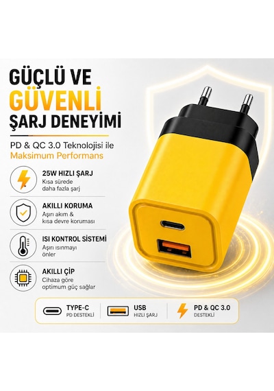 25w Hızlı Şarj Adaptörü + Type-c To Type-c Kablo Seti Pd & Qc 3.0 Destekli Usb + Type-c Çift Giriş Akıllı Koruma Hızlı Şarj Aleti Sarı