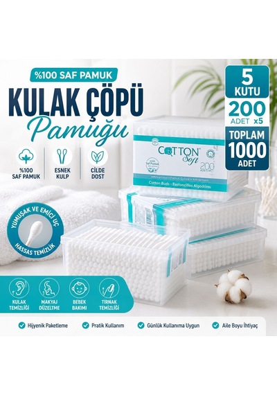 5 Kutu 1000 Adet Pamuklu Çubuk 200 Lü Hijyenik Kutulu Kulak Temizleme Pamuğu, Yumuşak Uçlu Çok Amaçlı Bakım Ve Makyaj
