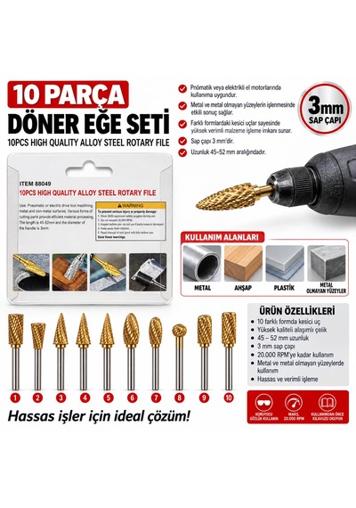 10 Parça 3 Mm Döner Eğe / Freze Ucu Seti