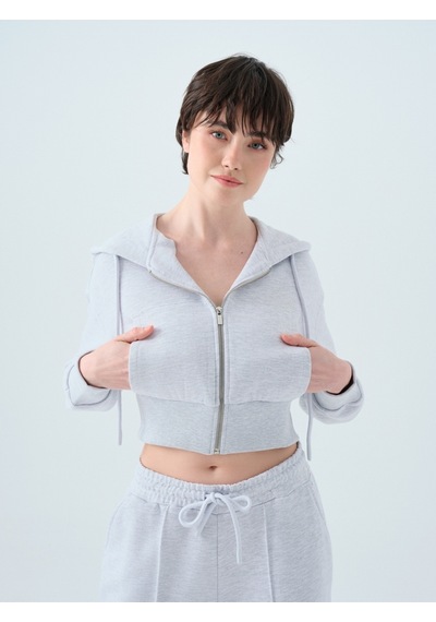 Crop Kadın Sweatshirt Gri Melanj