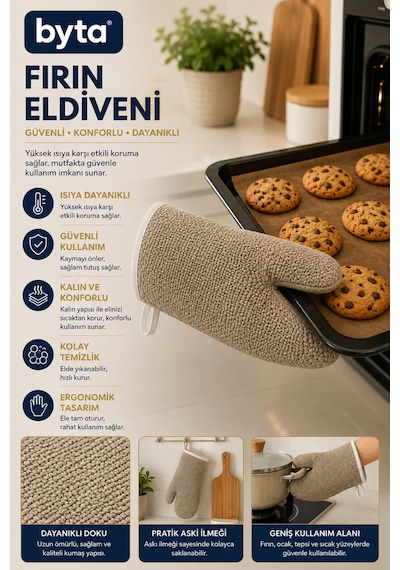 Isıya Dayanıklı Fırın Eldiveni Kalın Mutfak Eldiveni Fırın Tepsisi Tencere Ve Tava Tutacağı Bej