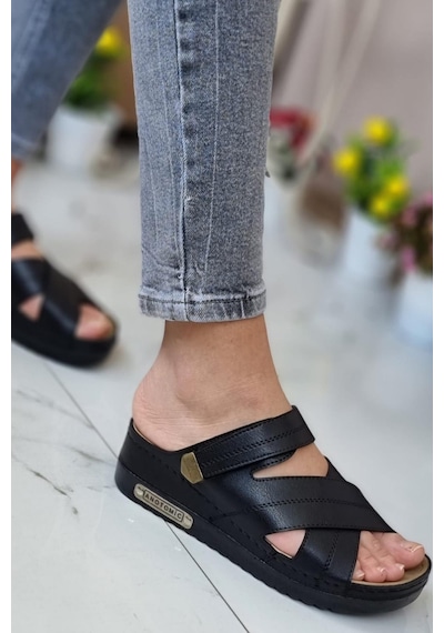 Neon Shoes Kadın Günlük Terlik Terletmeyen Anatomik Ortopedik Taban Suni Deri Anne Dışarı Ev Terliği 3005-07 001