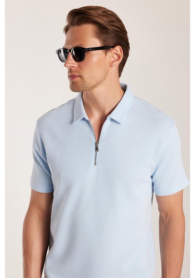 Tudors Erkek Slim Fit Dar Kesim %100 Pamuk Fermuarlı Mavi Polo Yaka Tişört-33771 Mavi
