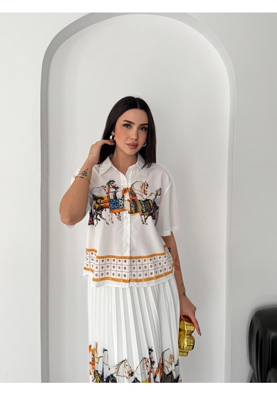 Asprinfashion Plise Etekli Baskılı Bayan Gömlek Etek Takım Beyaz