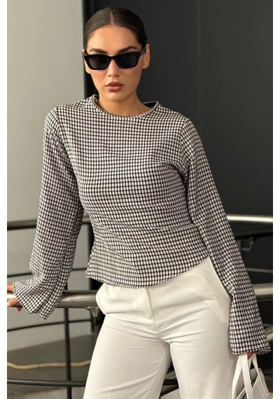 Madmext Siyah Kare Desenli Belden Oturtmalı Bluz Mg2849