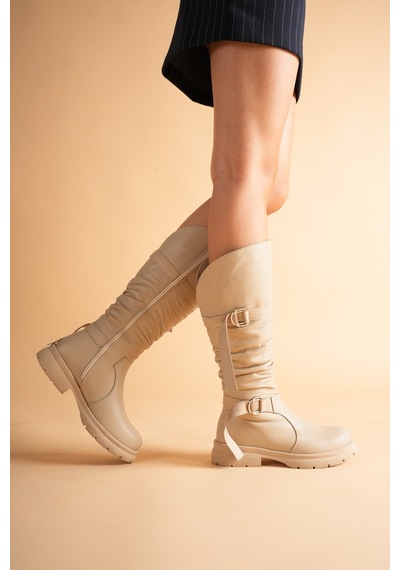 Analin Shoes Kadın Hakiki Deri Büzgü Detaylı Tokalı Fermuarlı Uzun Çizme Bej