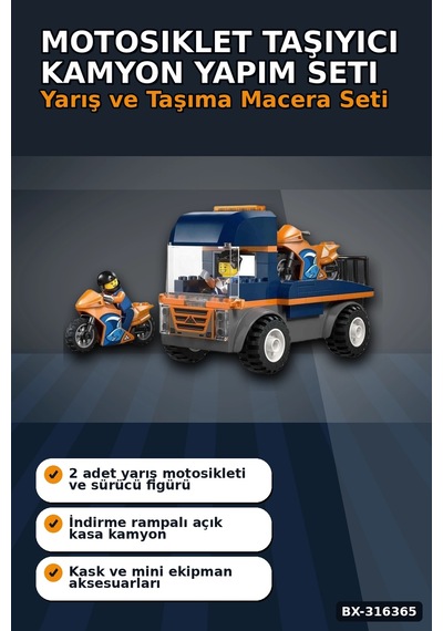 Motosiklet Taşıyıcı Kamyon Yapım Seti 88 Parça 2 Figürlü 4 Yaş Üzeri Çocuk Oyuncağı Bx-316365