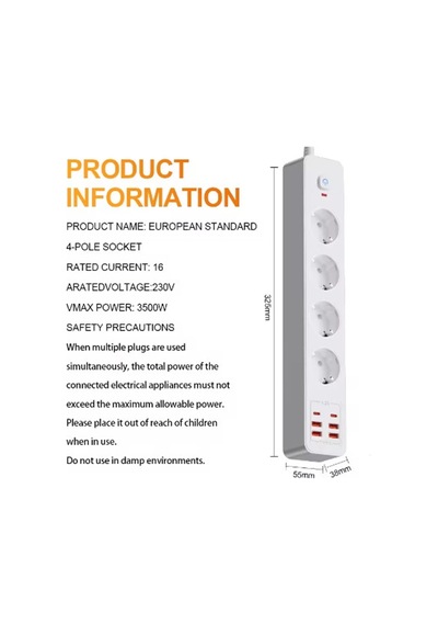 Termal Akım Korumalı 4 Lü Priz 4x Usb 2x Type-c Çıkışlı Grup Priz Çoğaltıcı 3500w Standart