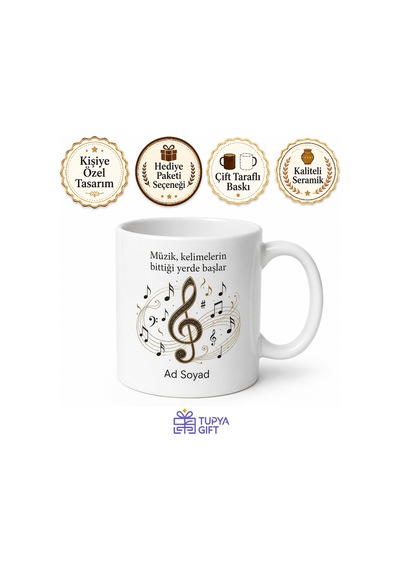 Sol Anahtarı Temalı Baskılı Kupa Bardak Müzik Hediye Müzisyen Porselen Beyaz / Çok Renkli