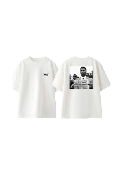 Thewert Muhammed Ali Tasarım Sırt Baskılı Pamuk Beyaz Oversize T-shirt