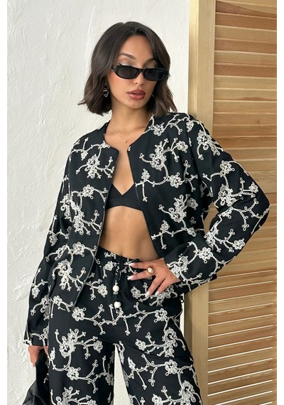 Verymoda Çiçek Nakışlı Fermuarlı Ceket F1948 Siyah