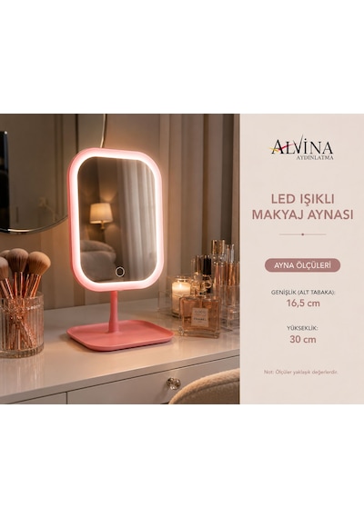 Led Işıklı Dimmerli Usb Şarjlı Dokunmatik Makyaj Aynası Pembe - 3 Renk Işık Modu 360 Döner Masaüstü Ayna Kare