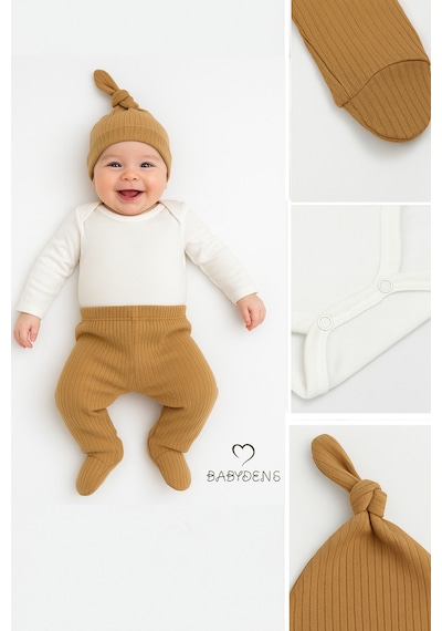 Babyden's 3'lü Bebek Zıbın Takımı Uzun Kollu Body, Patikli Pantolon Ve Şapka %100 Pamuk Fitilli Ribana Kumaş Kahverengi