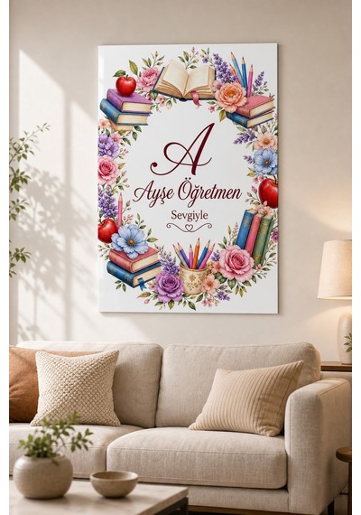 Ayşe Öğretmen Çiçekli Baskılı Cam Tablo Uv Baskı Kişiye Özel Öğretmen Hediyesi