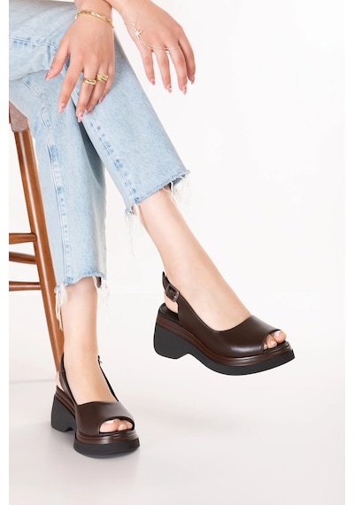 Gondol Hakiki Deri Platform Taban Sandalet Pkr.64003 Kahverengi