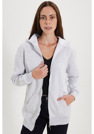 Tudors Kadın Oversize Geniş Kesim %100 Pamuk Kapüşonlu Fermuarlı Cepli Gri Sweatshirt-52773