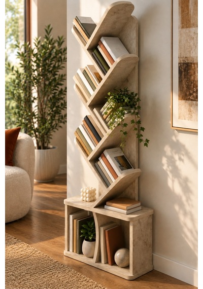 Sulorahome Yaprak Tasarımlı Eğimli Kitaplık Ekru