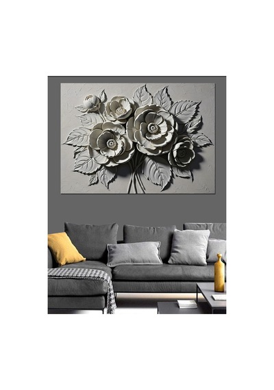 Kabartma Beyaz Güller Duvar Dekoru Yağlı Boya Dokulu Kanvas Tablo Canvas Tablosu