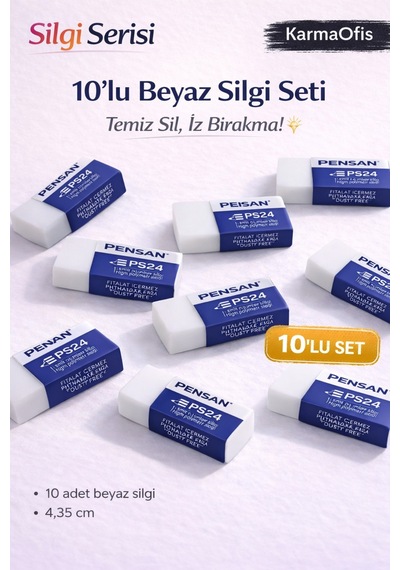 10'lu Beyaz Silgi Seti Ps24 Tozsuz Silgi, İz Bırakmayan Yumuşak Silgi