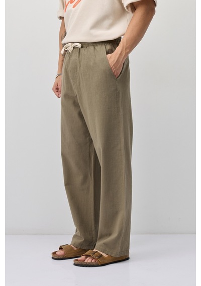 Vamos Bağcıklı Baggy Fit Keten Pantolon Haki