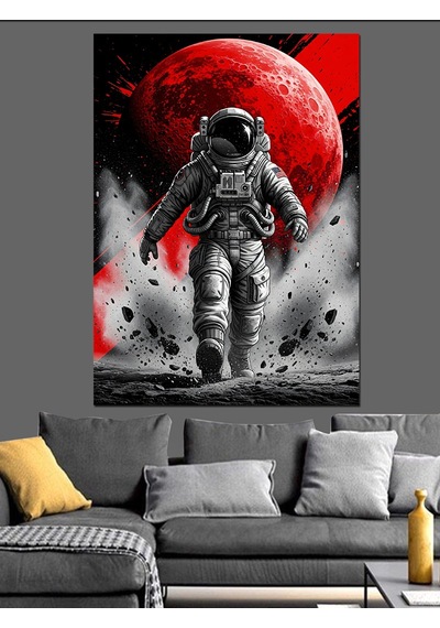 Kırmızı Ay Ve Astronot Dekoratif Kanvas - Mdf Ahşap Tablo