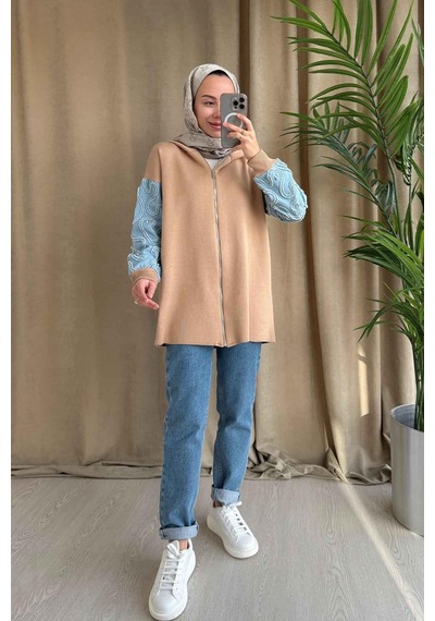 Ka Hijab Kolları Kot Detaylı Triko Hırka - Camel Camel