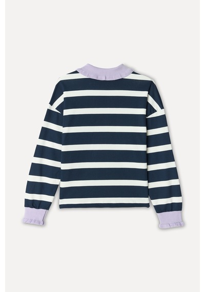 Mudo Kadın Kadın Ekru Çizgili Loose Fit Polo Yaka Sweatshirt 1271396