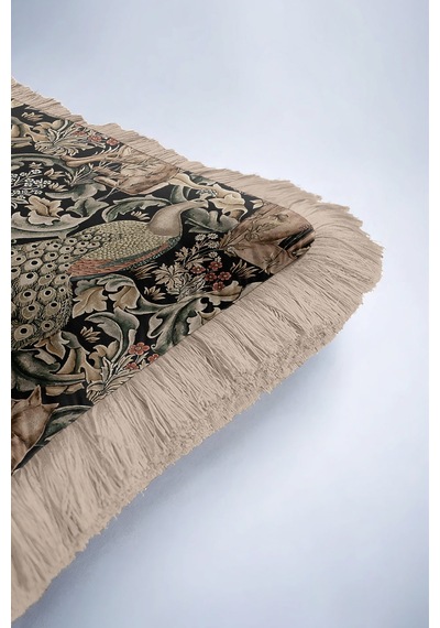 Lüks Vintage Saçaklı Yastık Kılıfı - Doğadan İlhamlı Bohem Siyah Yeşil Püsküllü Kırlent Kılıfı Göl Açık Gri