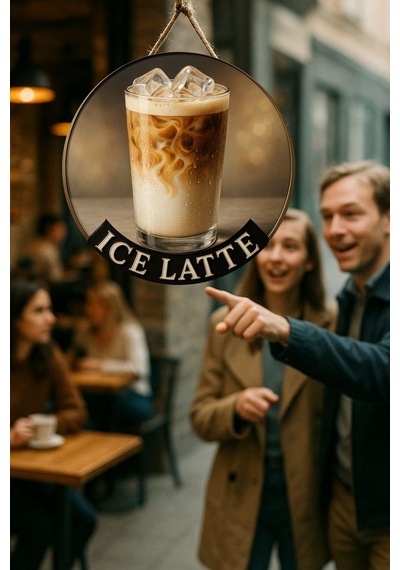 Ice Latte Temalı Yuvarlak Cafe Tabelası, Jüt İpli Ahşap Duvar & Kapı Dekoru, Barista Tarzı Süs