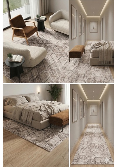 Villadia Home Textile Kaymaz Taban Modern Desen Halı Yolluk Leke Tutmaz Kolay Temizlenir Koridor Salon Yatak Mutfak Odası Vd4054vizon Vizon