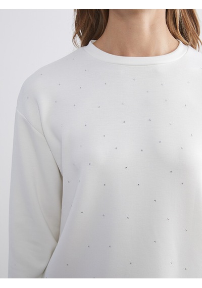 Lcw Comfort Beyaz Bisiklet Yaka Taşlı Kadın Sweatshirt
