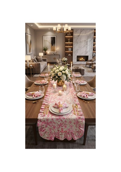 %100 Pamuk Özel Desenli Fırfırlı Runner 40x150 Pembe - 900648143 Pembe