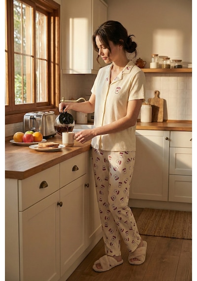 Lela Regular Fit Gömlek Yaka Kısa Kollu Bayan Pijama Takımı 65740102 Bej-Pembe