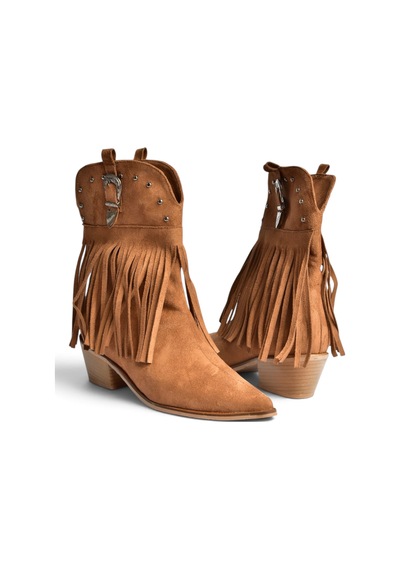 Fox Shoes Z726104202 Taba Süet Kalın Alçak Topuklu Püsküllü Kovboy Model Kadın Bot