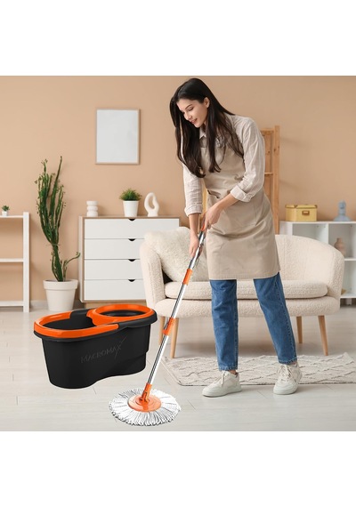 Focus Black Otomatik Temizlik Seti, Pedalsız Döner Sıkmalı 360 Başlıklı Mikrofiber Paspas 3 Paketi