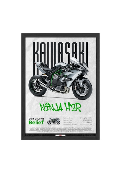 Kawasaki Ninja H2 R Siyah Ahşap Çerçeveli Poster, Dekoratif Motosiklet Duvar Tablosu