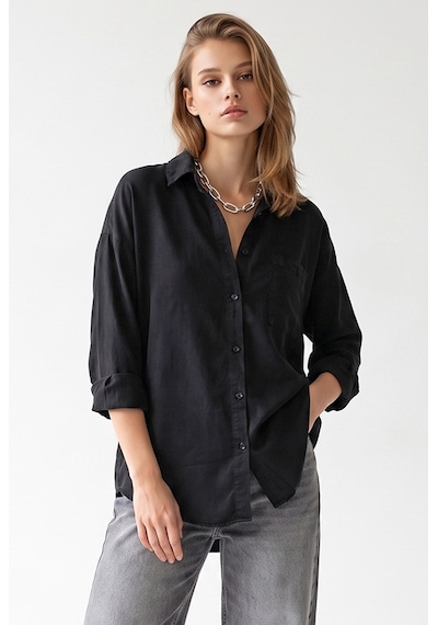 Mixray 4963 Kadın Tencel Kumaş Oversize Cepli Uzun Kollu Gömlek Siyah