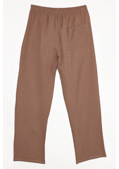 Tudors Erkek Baggy Fit Geniş Kesim %100 Pamuk Beli Lastikli Yandan Cepli Müslin Bej Düz Pantolon-46264 Bej