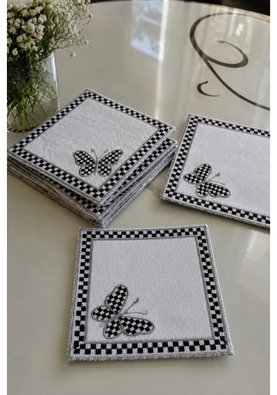 6 Lı Kelebek Desenli Gümüş Ekose Kokteyl Peçetelik 13x13 - Kare Kahve Sunumluğu,
